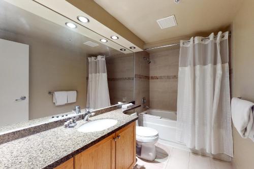 uma casa de banho com um lavatório, um WC e um chuveiro em Woodrun #418 em Whistler
