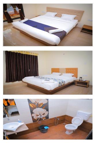 マハバレシュワールにあるINFINITY HOUSEのベッドルーム1室(ベッド1台付)とバスルーム1室の写真2枚