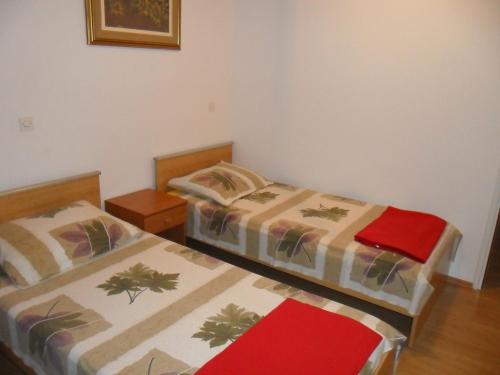 two beds in a small room with a red blanket at Apartments Dvorski in Mandre