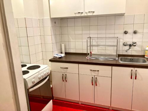 a small kitchen with a sink and a stove at Lovely cosy Art flat át city center in Budapest