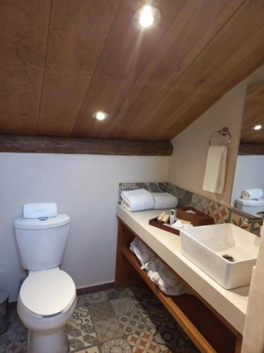 a bathroom with a toilet and a sink at Hotel Junvay in San Cristóbal de Las Casas