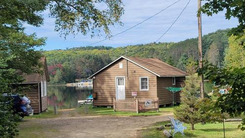 a small cabin with a view of a lake at Parkway Cottage Resort and Trading Post in Dwight