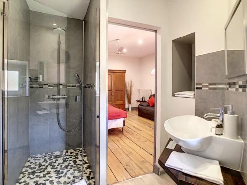 ein Bad mit einer Dusche, einem Waschbecken und einem WC in der Unterkunft Logis Hôtel Restaurant des Corbières in Lagrasse