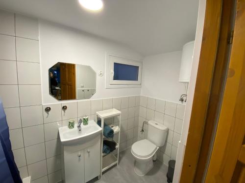 een witte badkamer met een toilet en een wastafel bij Domki Letniskowe Ośmiorniczka in Augustów