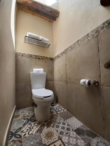 a bathroom with a white toilet and a shower at Hotel Junvay in San Cristóbal de Las Casas