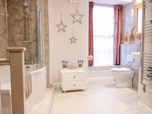 een badkamer met een douche, een toilet en een wastafel bij 2 Abbey Row in Kelso