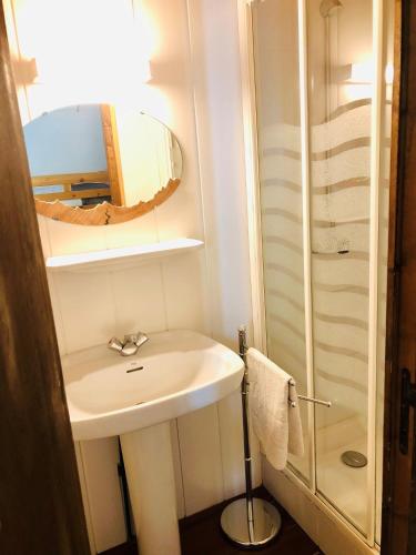 une salle de bain avec un lavabo et un miroir dans l'établissement Gîte La Grange au Bois, à Viella