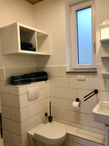 a white bathroom with a toilet and a sink at Erdgeschoss-Appartement mit Seeblick in Ahrensbök