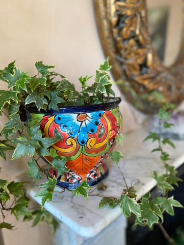 a colorful vase sitting on a table with a plant at La Di Da Hotel beach town in Bournemouth