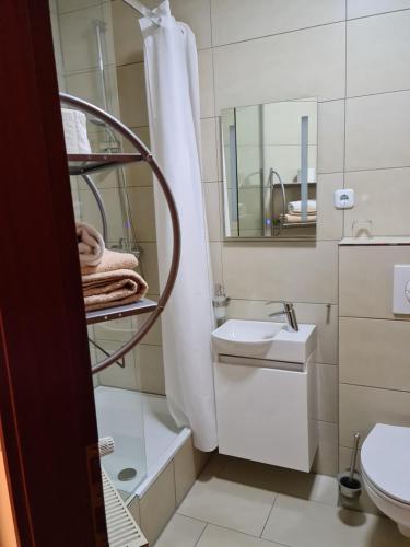 a bathroom with a shower curtain and a sink at Pension Kreihe im Harz in Bad Lauterberg