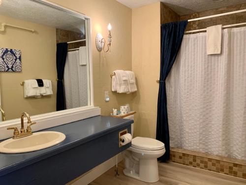 a bathroom with a toilet, sink and tub at Hotel Frankfort & Restaurant in Frankfort