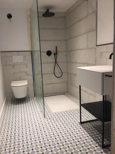 a bathroom with a shower and a toilet and a sink at Die Grüne Bettlad Boutique-Hotel in Bühl