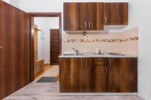 a kitchen with wooden cabinets and a sink at Apartment House Kamzík 9 in Donovaly