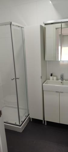 a bathroom with a glass shower and a sink at MOWANI'S STUDIO in Las Palmas de Gran Canaria