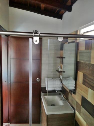 a bathroom with a shower with a sink and a mirror at Hotel Mansión Barichara in Barichara