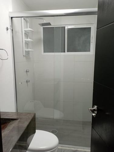 a bathroom with a toilet and a glass door at ACAPULCO DIAMANTE!! HERMOSO DEPARTAMENTO NUEVO!! in Acapulco