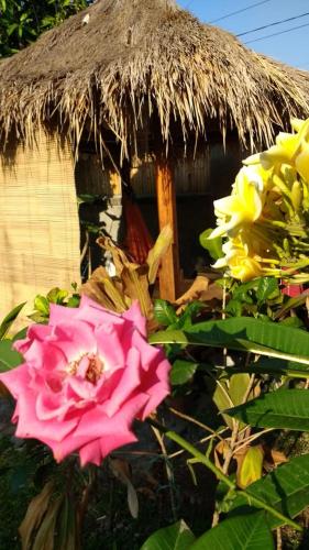 a hut with a pink flower and a thatch roof at Pondok Mangga in Mataram