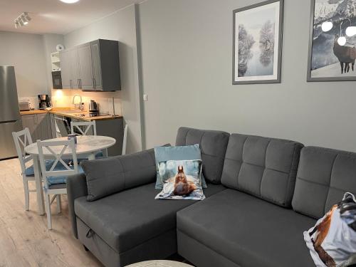 een woonkamer met een bank en een tafel bij Apartament Silence Karpatia Resort Tanzanit in Karpacz