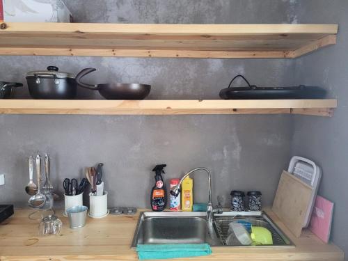 a kitchen counter with a sink and wooden shelves at Darya Hostel Jyrgalan in Dzhergalan