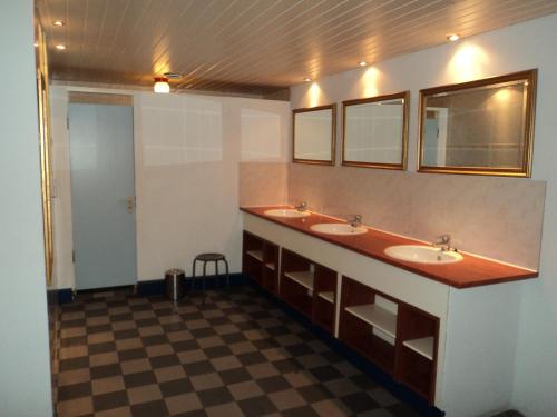 een badkamer met 2 wastafels en 2 spiegels bij Hubertushoeve in Diever
