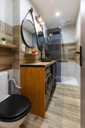 une salle de bain avec toilettes, lavabo et miroir dans l'établissement OPEN SKY Industry Hyper Centre Fontaine Moussue, à Salon-de-Provence