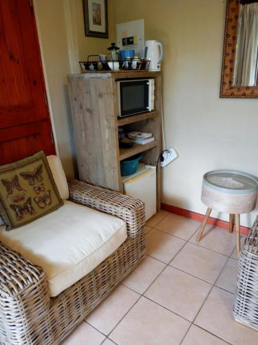 ein Wohnzimmer mit einem Korbstuhl und einem TV in der Unterkunft Montrose Valley B&B in East London