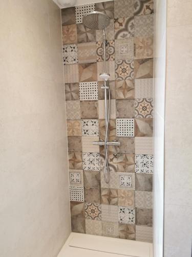 a shower in a bathroom with a tiled wall at Superbe Maison Jacuzzi+Piscine au cœur des vignes in Pfaffenheim