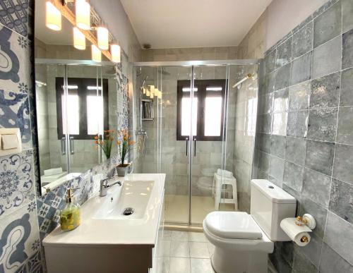 a bathroom with a toilet and a sink and a shower at Balcones con Encanto - vistas al conjunto monumental Patrimonio de la Humanidad in Úbeda