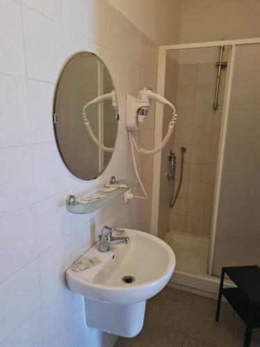 a bathroom with a sink and a mirror and a shower at LA PALAZZINA in Rome