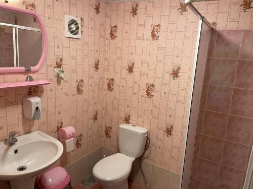 a pink bathroom with a toilet and a sink at Ezerzemes 2 in Kušneri