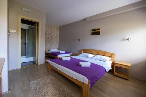 1 dormitorio con 2 camas con sábanas moradas en Kod Brke, en Veliko Gradiste