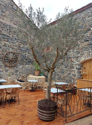 un arbre dans un pot devant un mur de briques dans l'établissement Auberge de la Loue, à Vodable