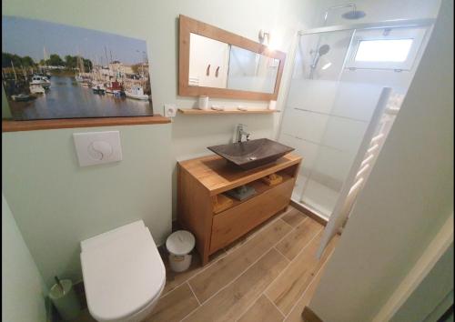 La petite salle de bains est pourvue de toilettes et d'un lavabo. dans l'établissement Villa Babeth by Nuits au Port, à La Rochelle
