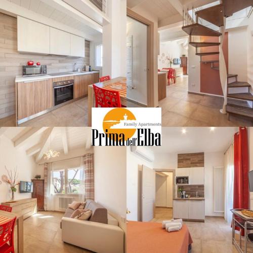 two pictures of a kitchen and a living room at Prima dell'Elba Family Apartments in Piombino