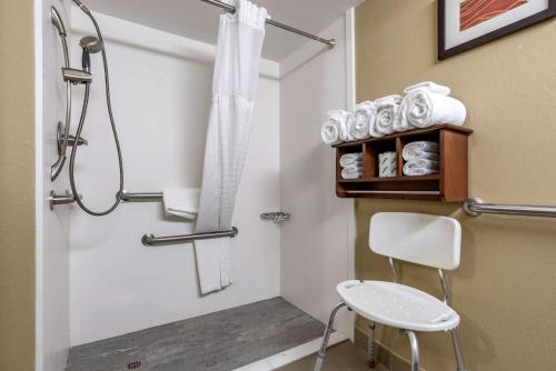 a bathroom with a shower with a white chair at Comfort Inn & Suites Leeds I-20 in Leeds