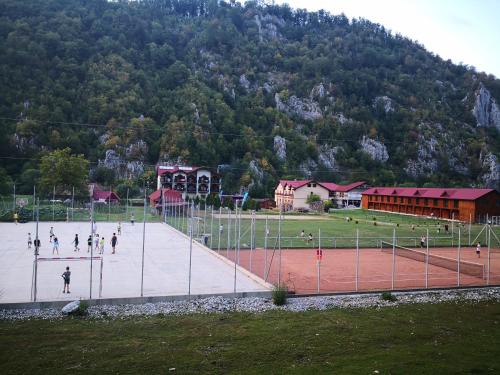 a tennis court in front of a mountain at HOTEL CARPATHIA in Remeţi