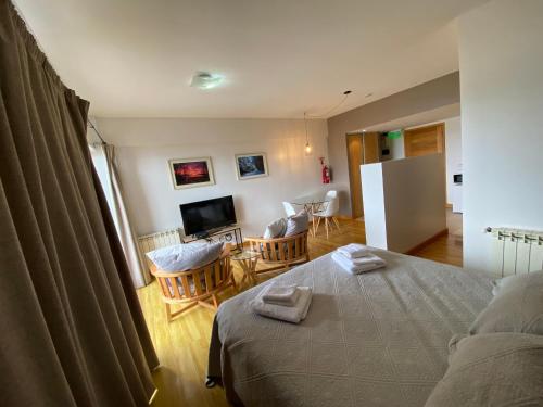 a hotel room with two beds and a television at Polo Sur Apartamentos in Ushuaia