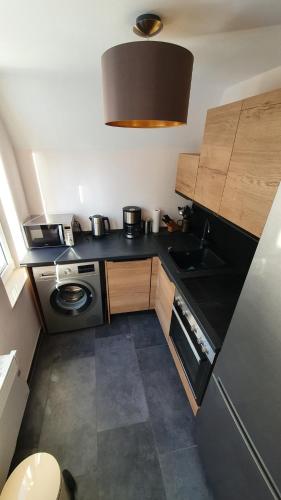 a small kitchen with a stove and a sink at Finnhaus Neubauer in Elbingerode