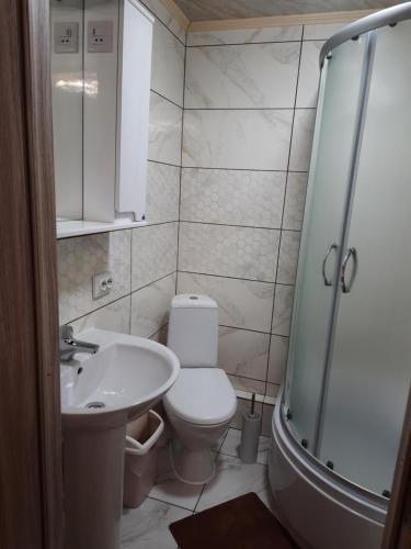een badkamer met een toilet, een wastafel en een douche bij Дух лісу in Jaremtsje