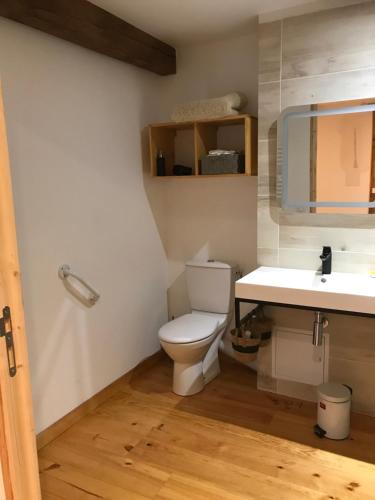 a bathroom with a toilet and a sink at Chambre d'hôte aux Pivoines in Nistos
