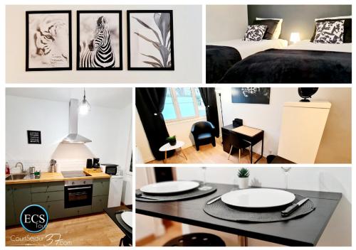 un collage de photos d'une chambre et d'une pièce dans l'établissement 