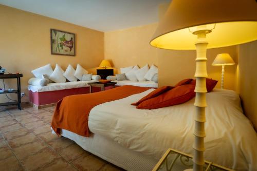une chambre d'hôtel avec un lit et une lampe dans l'établissement Le mas d'Orsan chambres d'hôtes, à Orsan