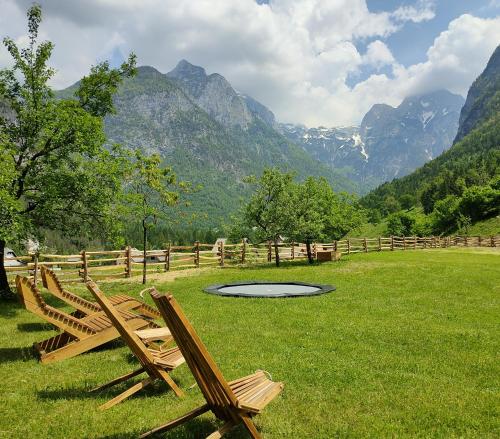 two wooden chairs sitting in a field with mountains at Organic Tourist Farm Pri Plajerju in Trenta