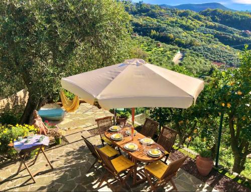 un tavolo e sedie con ombrellone su un patio di Foglie d'Argento a Moneglia