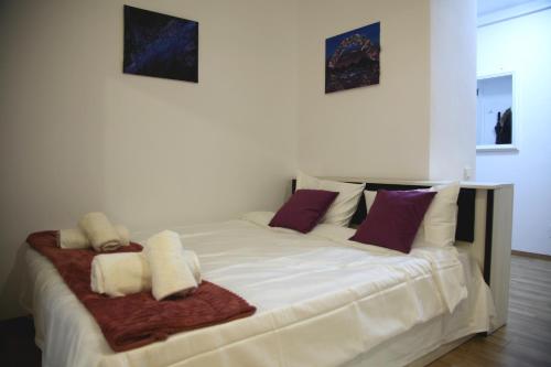 a bedroom with a large white bed with pillows at Romantic luxury in city center in Cluj-Napoca