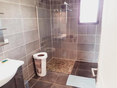 La salle de bains est pourvue d'une douche, de toilettes et d'un lavabo. dans l'établissement ViLLA NEUVE 115m2 ,TOUT CONFORT AVEC PiSCiNE Chauffée-JARDiNET BASSiN ARCACHON, à Gujan-Mestras