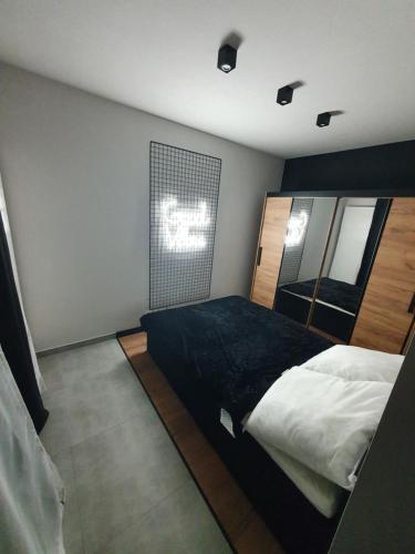 a bedroom with a bed and a mirror in it at Apartamenty HashtagWilda in Poznań