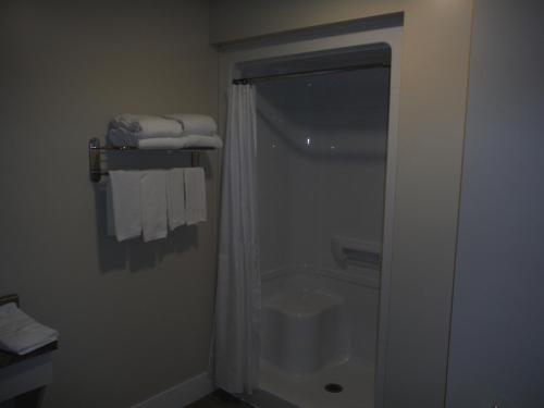 a bathroom with a shower and a toilet and towels at Motel Beausejour in Neguac