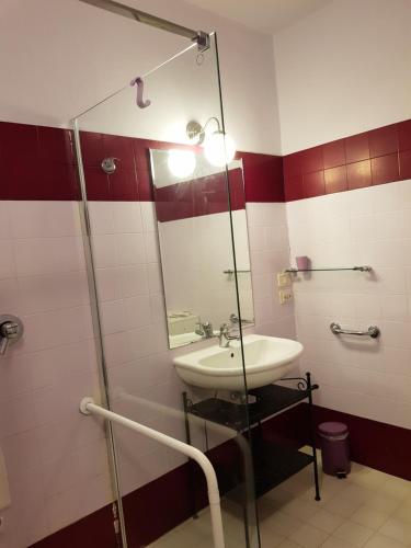 a bathroom with a sink and a glass shower at Ca' le Suore in Cagli