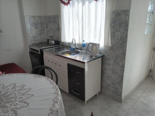 uma pequena cozinha com um lavatório e um fogão em Lo de Juana em Trelew